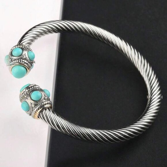 Elegant Silver Cable Bangle Bracelet Turquoise Accents - Picture 1 of 3